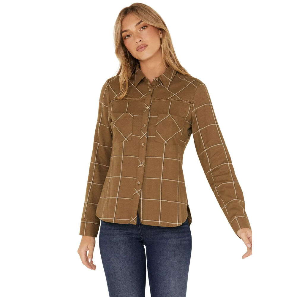 Shyanne Top Women M Medium Plaid Flannel Ladder Lace Long Sleeve Droptail Hem - Picture 10 of 12